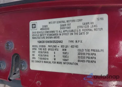 1997 GMC Jimmy Sls from USA, damaged, VIN 1GKCS13W3V2522442